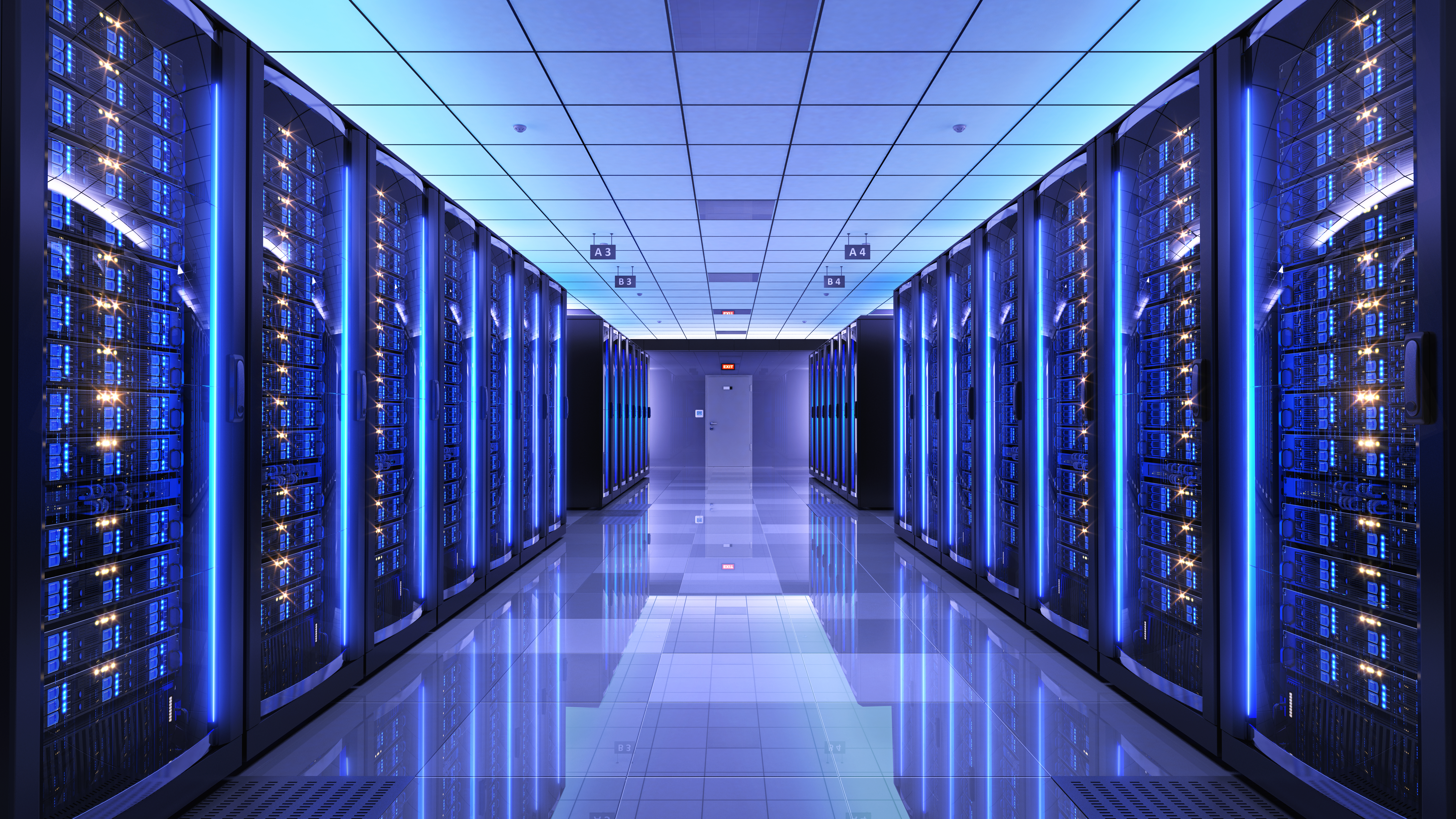 Data center, dark lit with blue lighting